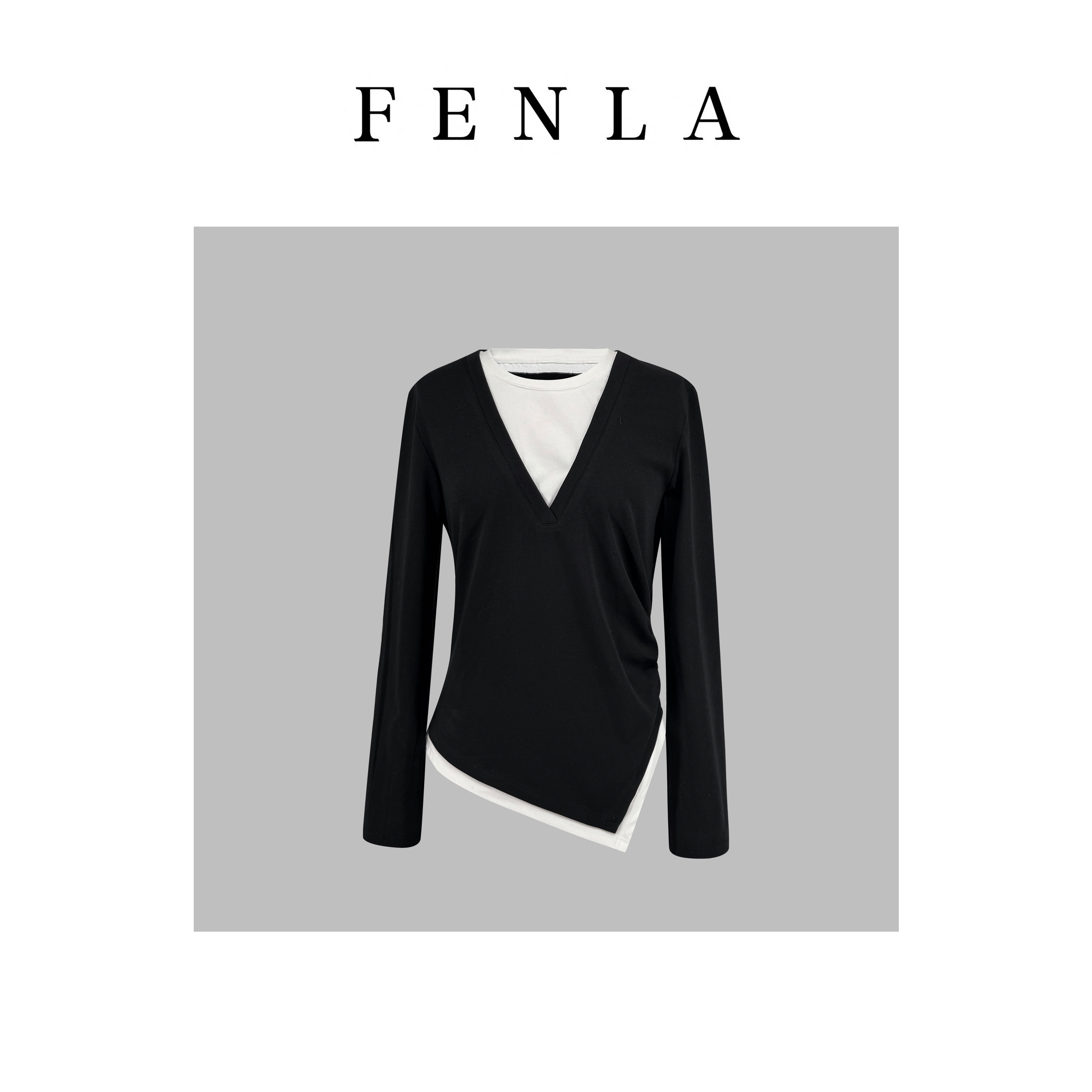 【惠姐私服】韩版假两件长袖T恤不规则显瘦百搭内搭打底上衣 85390