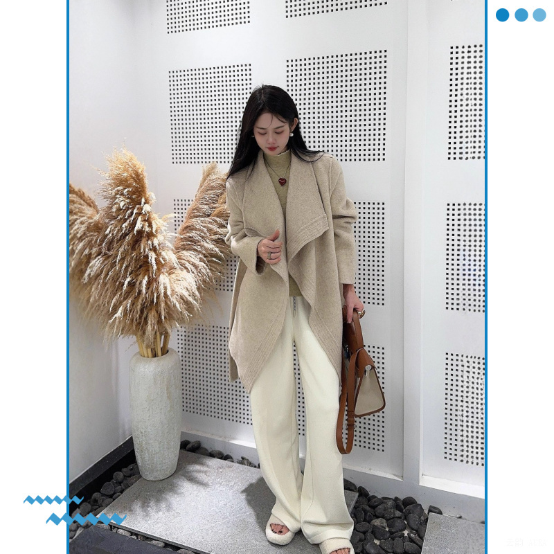 2025新款大翻领双面羊毛加长款大衣女款宽松系带韩系高级秋冬外套