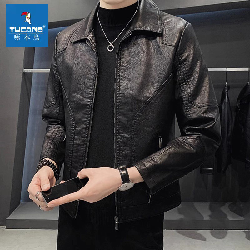 啄木鸟秋冬季翻领皮衣男士韩版修身痞帅机车皮夹克男潮流百搭外套