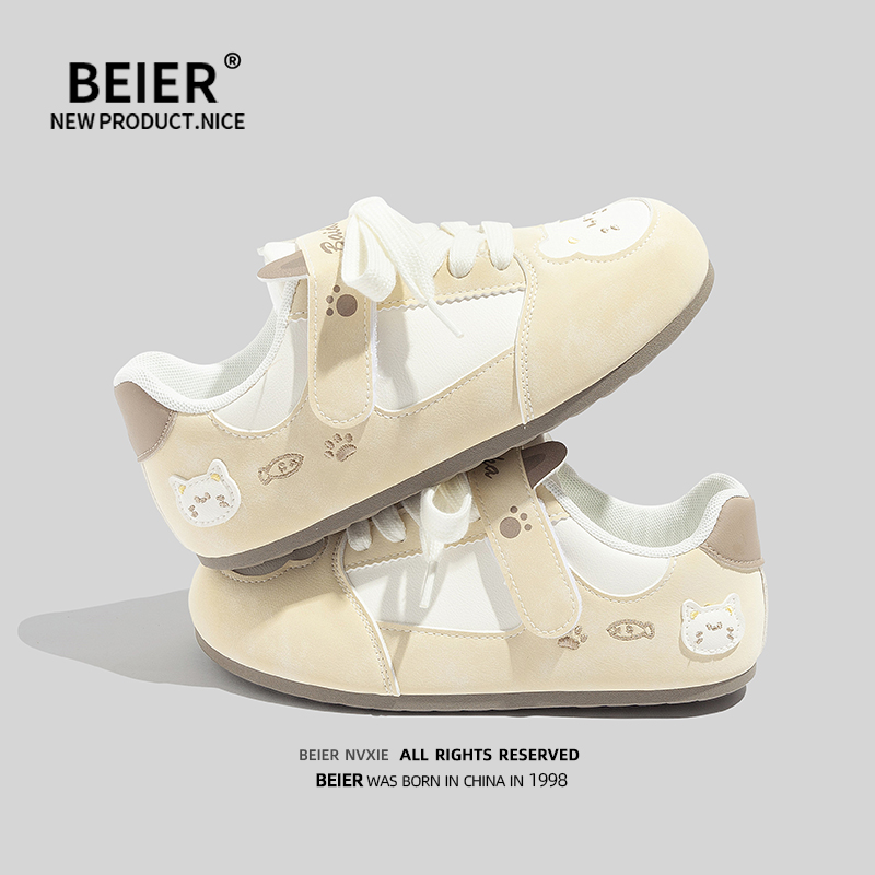 BEIER可爱猫咪显脚小女鞋2026春季新款德训鞋百搭低帮学生板鞋子