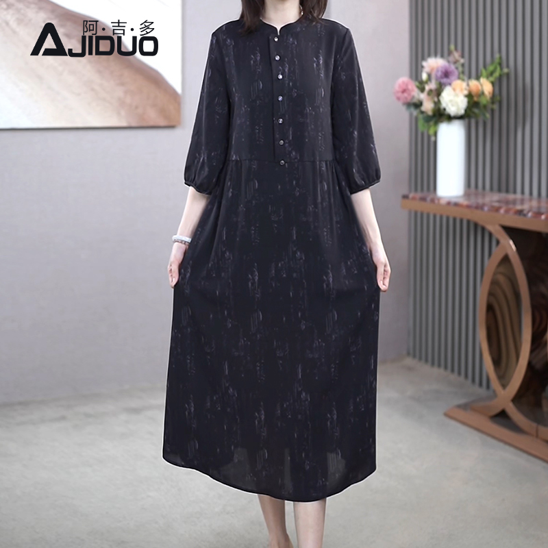 A22297阿吉多大码气质七分袖连衣裙女早秋新款中老年妈妈高级长裙