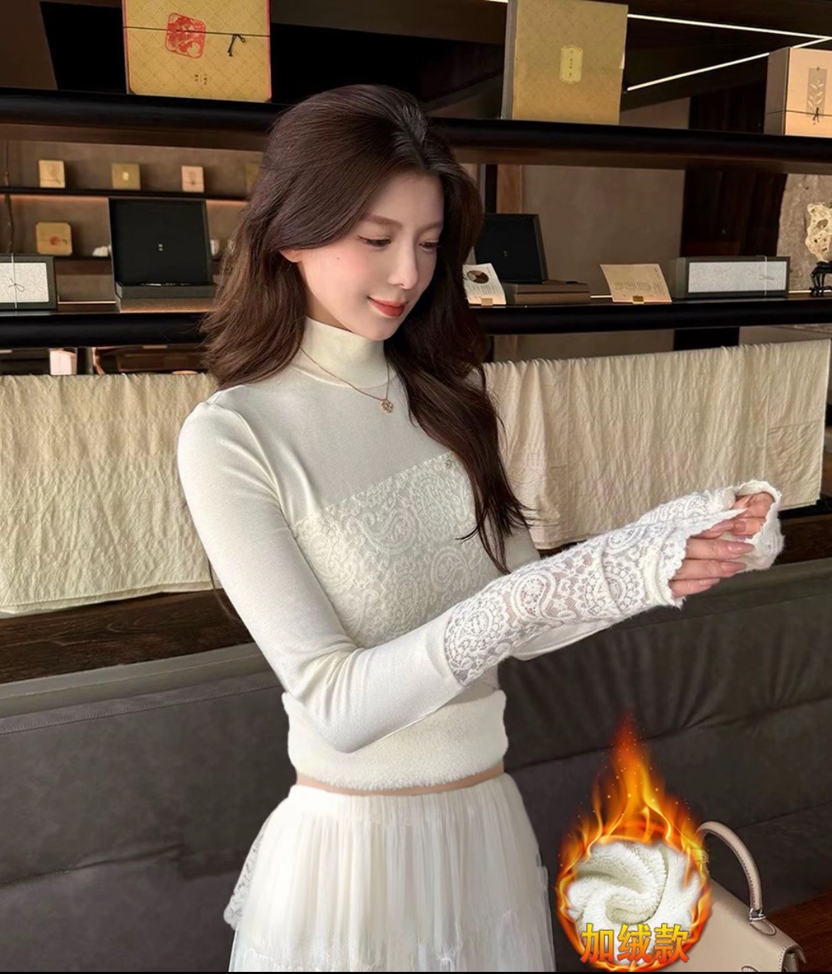 设计感半高领蕾丝拼接纽扣【加绒锁温】气质显瘦百搭不挑人打底上衣