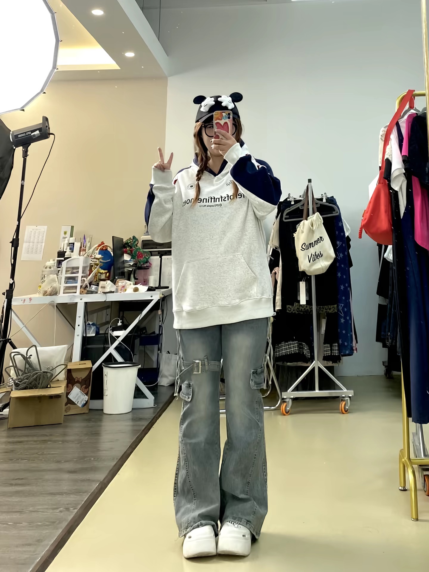 胖mm定制大码设计美式绑带高街风蓝色有弹微喇牛仔裤女潮554