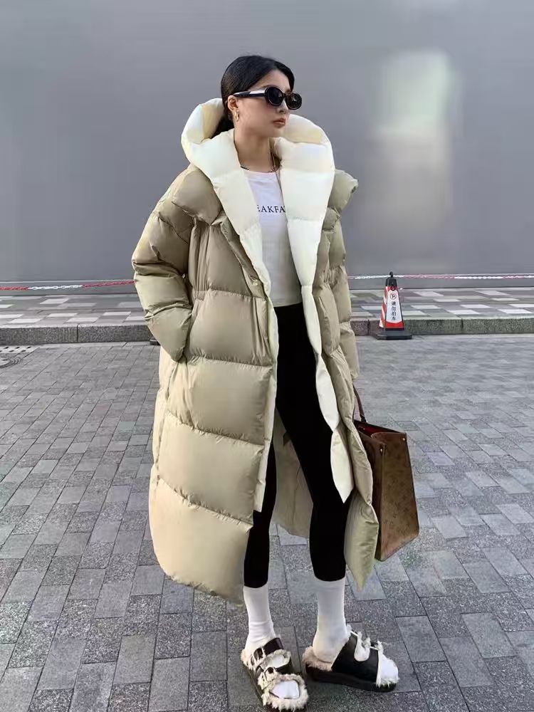 2025年韩版仙女风连帽拉链拼接立领女长款羽绒服