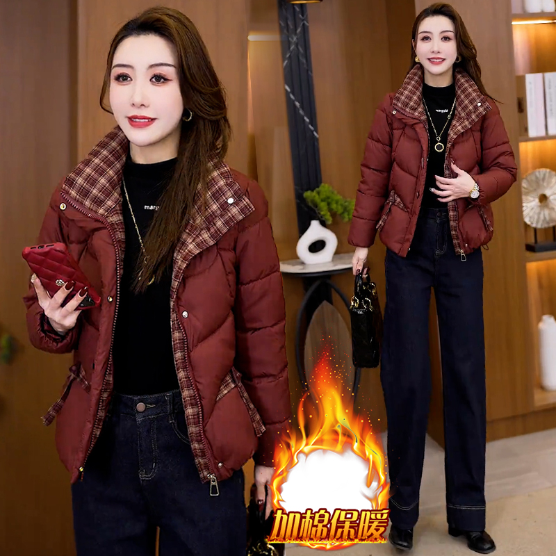 复古休闲拼接格子棉服女2025年冬季新款洋气加棉保暖立领短外套潮