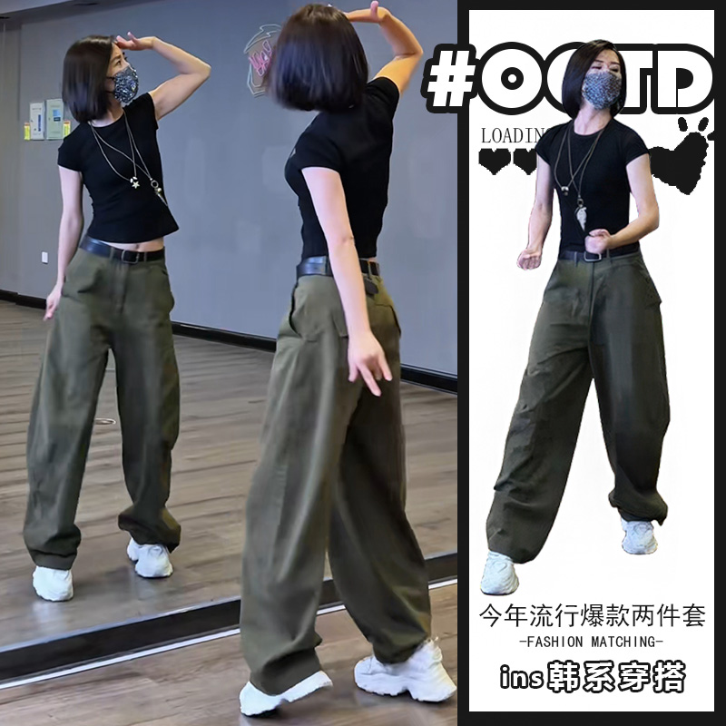 百搭显瘦修身休闲黑色短袖上衣2025宽松时尚直筒阔腿裤两件套