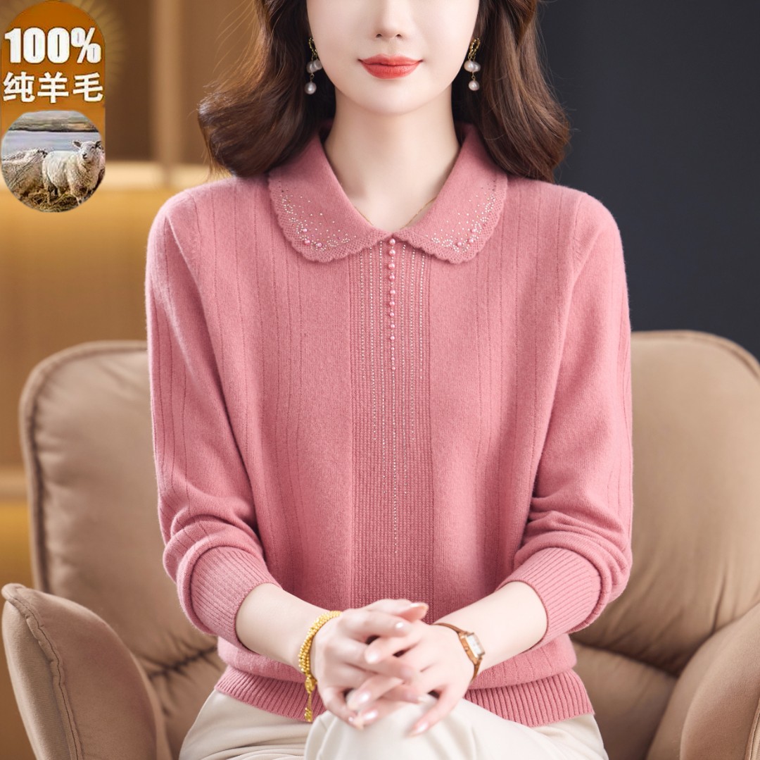 中年女士秋冬新款高档时尚100%纯羊毛翻领妈妈毛衣宽松洋气打底衫