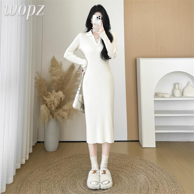 小个子内搭配大衣针织连衣裙女秋冬法式V领中长款打底包臀裙子