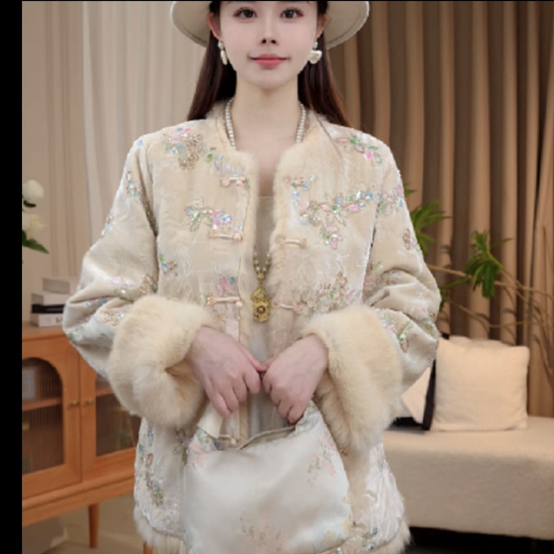 【白玉】重工冬季双面双穿厚款新中式国风兔毛保暖上衣外套1948