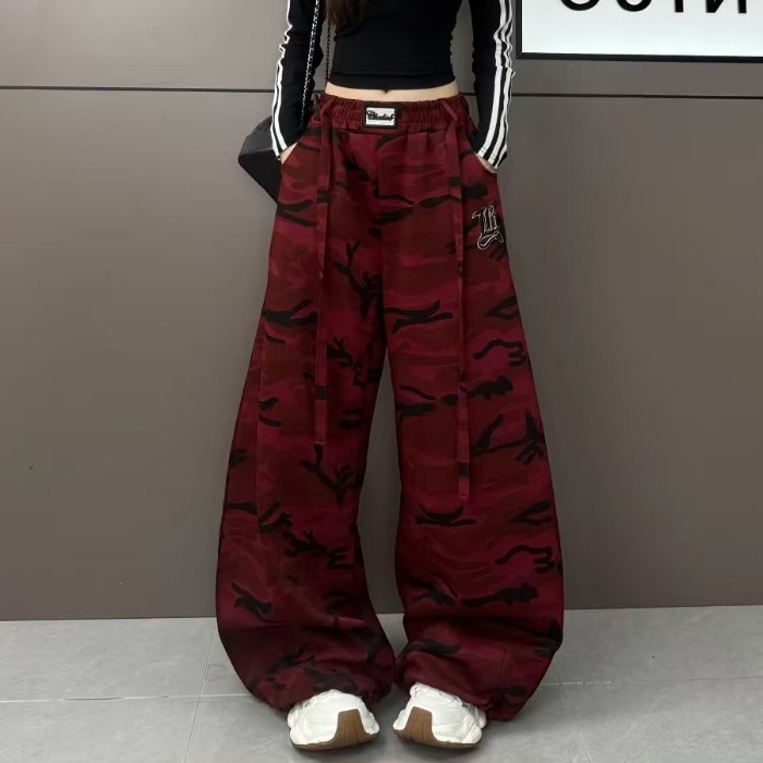 2025秋冬新款迷彩裤宽松运动显瘦高腰字母刺绣阔腿弯刀休闲裤女