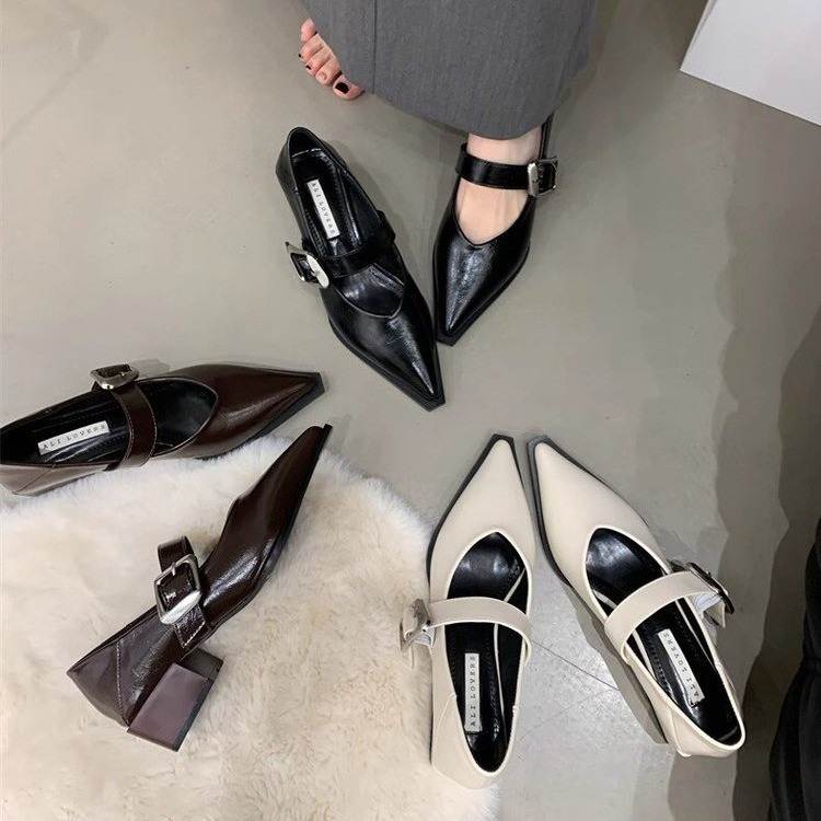 英伦风尖头玛丽珍单鞋女2025春春新款韩版时尚复古浅口粗跟小皮鞋