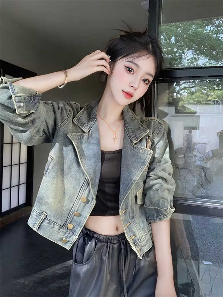 港风复古牛仔短外套女春秋新款潮流长袖上衣时尚休闲百搭机车夹克