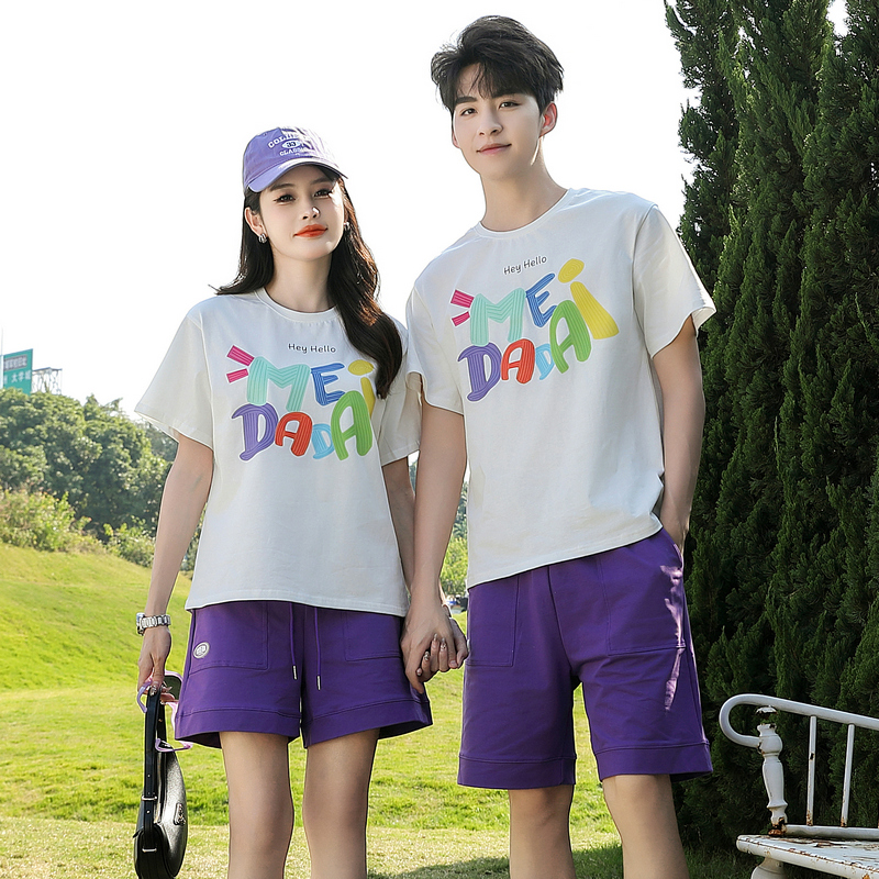 纯棉情侣装t恤2025新款短袖度假风出片穿搭上衣休闲男女套装宽松