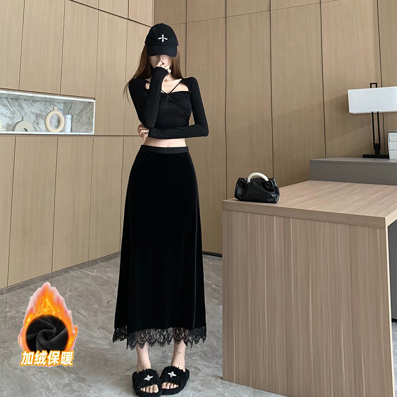 【加绒加厚】高品质蕾丝拼接丝绒半身裙秋冬高腰蕾丝开叉半身裙秋冬
