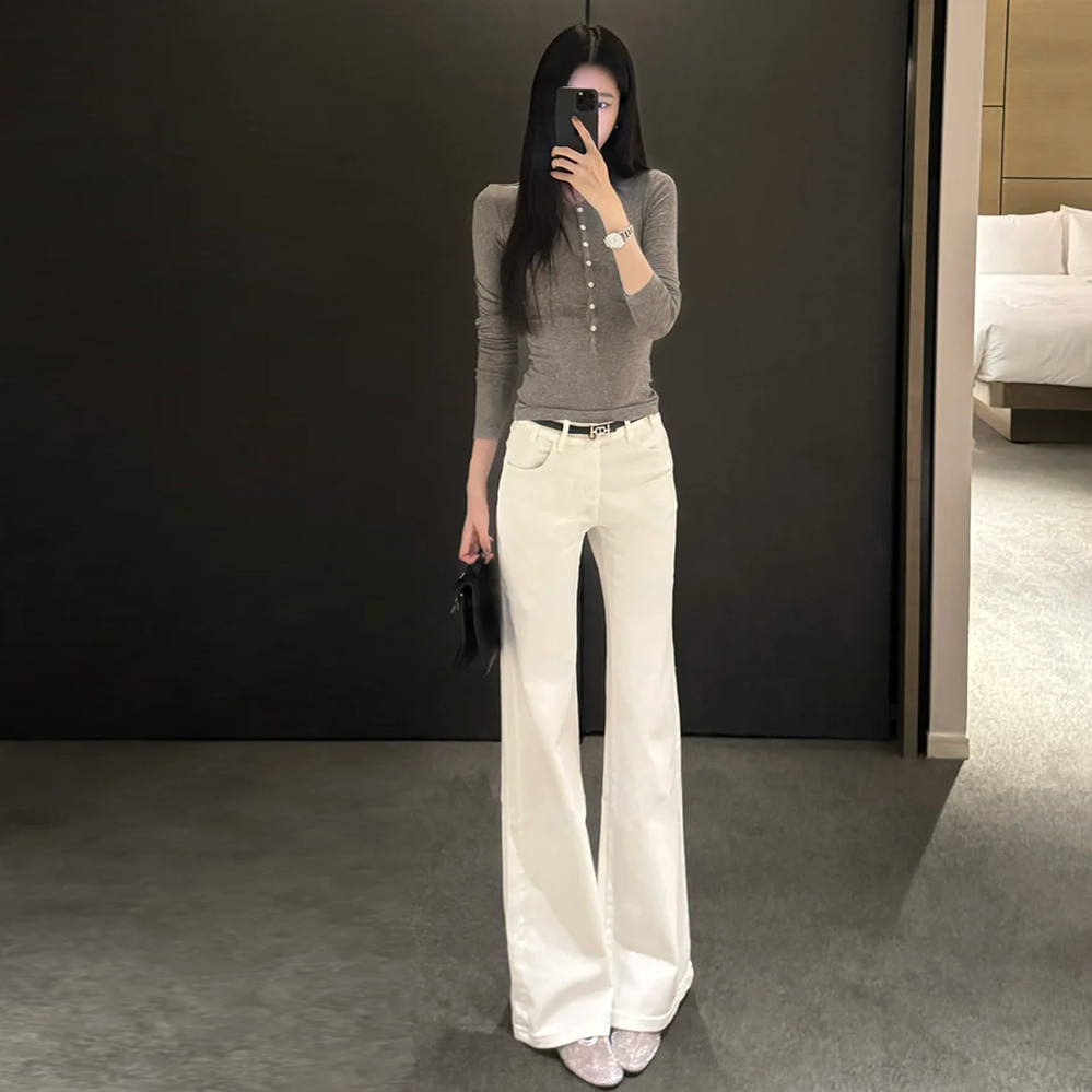 雪千羽白色高腰微喇牛仔裤女2025春秋新款新款显瘦修身拖地喇叭裤