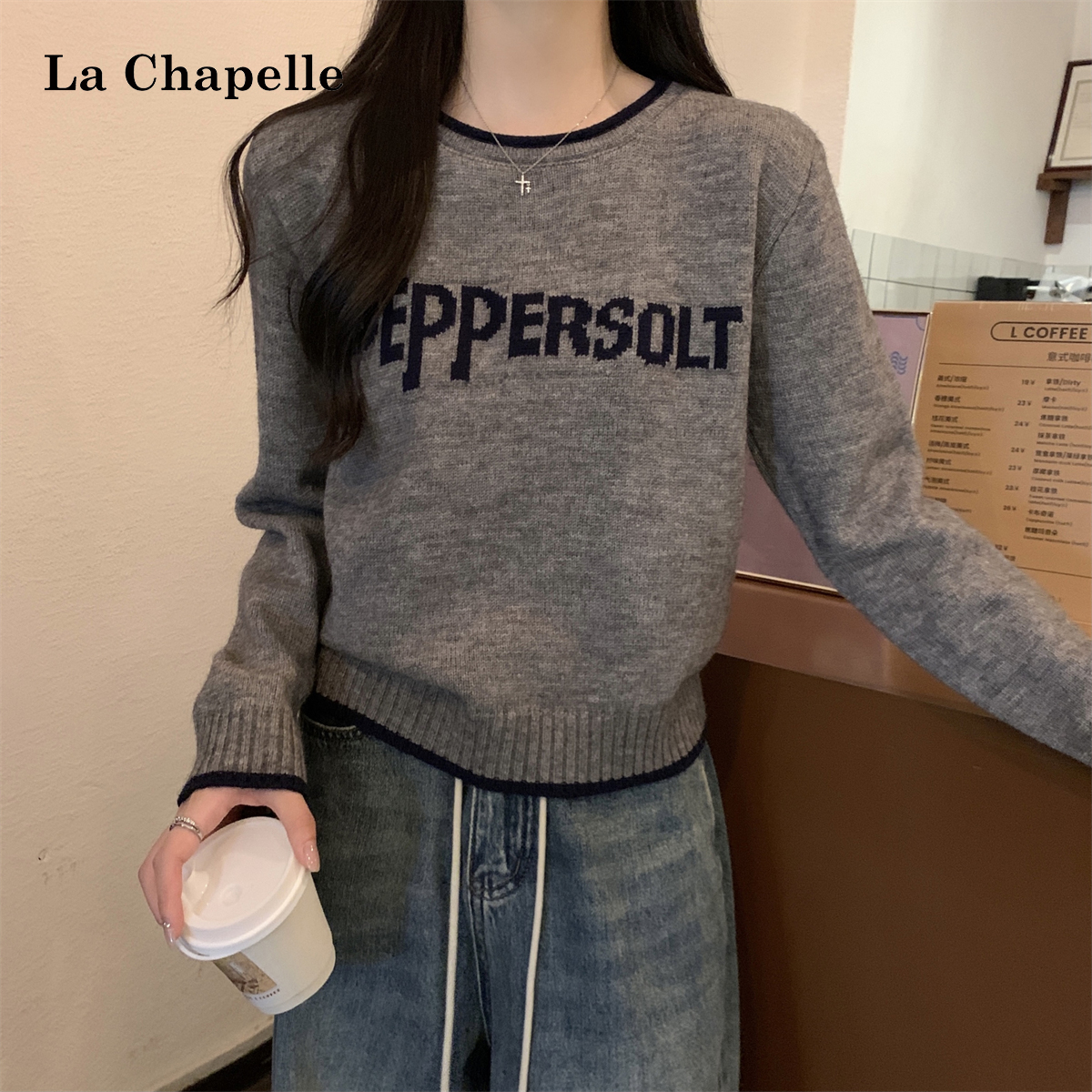 拉夏贝尔秋冬韩版撞色宽松圆领套头毛衣字母提花软糯亲肤针织衫女