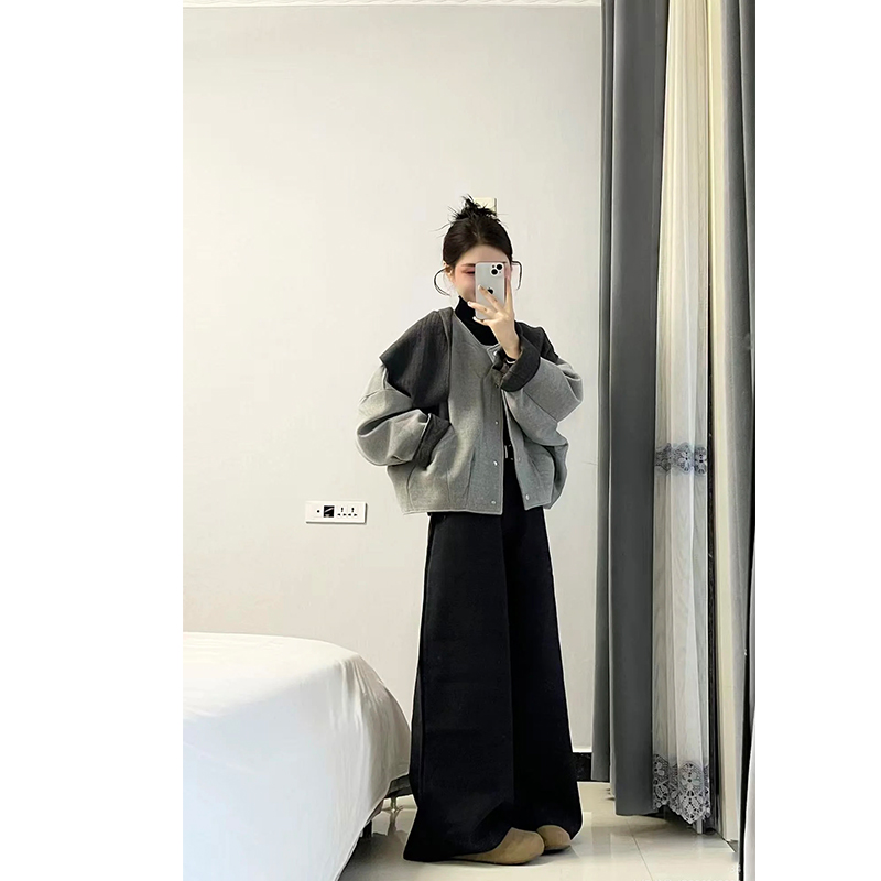 2025秋冬新款韩系穿搭披肩撞色短款毛呢外套搭配休闲阔腿裤两件套