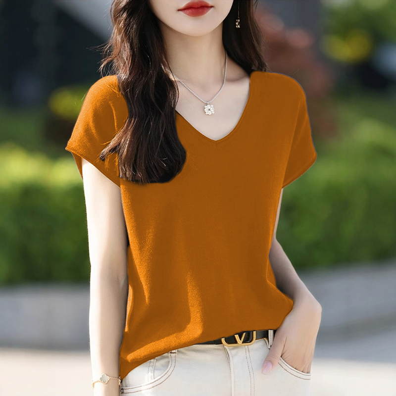 设计感v领短袖t恤女夏季新款薄款欧货高端宽松气质半袖针织衫上衣