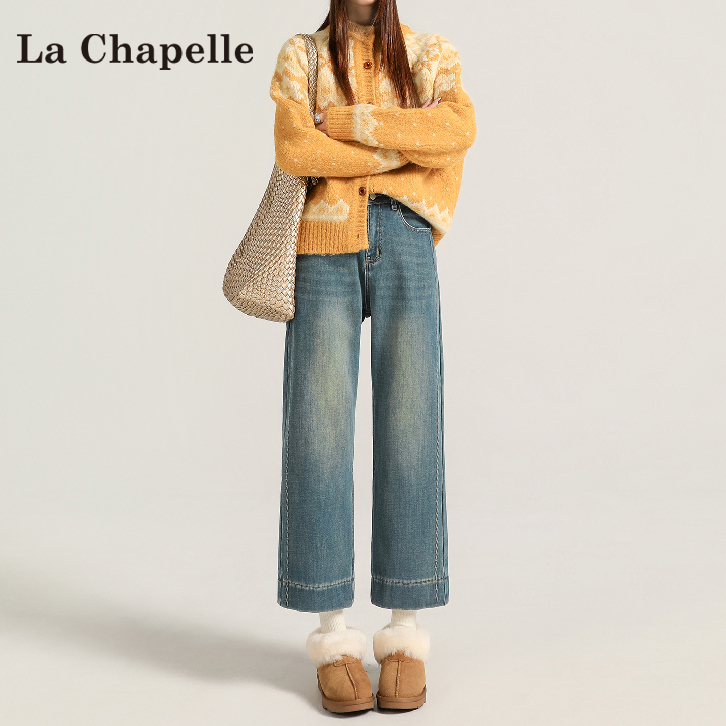 拉夏贝尔小个子九分直筒牛仔裤女秋冬2025新款加绒高腰显瘦烟管裤