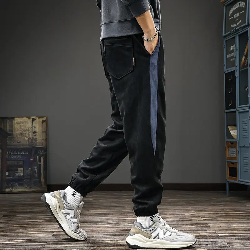 复古风拼接蒙古绒束脚卫裤男士2025春秋季新款宽松大码弹力运动裤