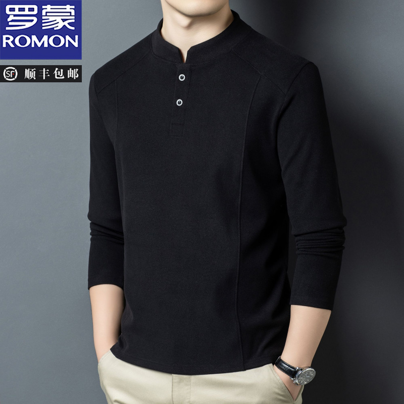 罗蒙秋冬季双面德绒打底衫男士亨利领潮流百搭长袖T恤立领卫衣男