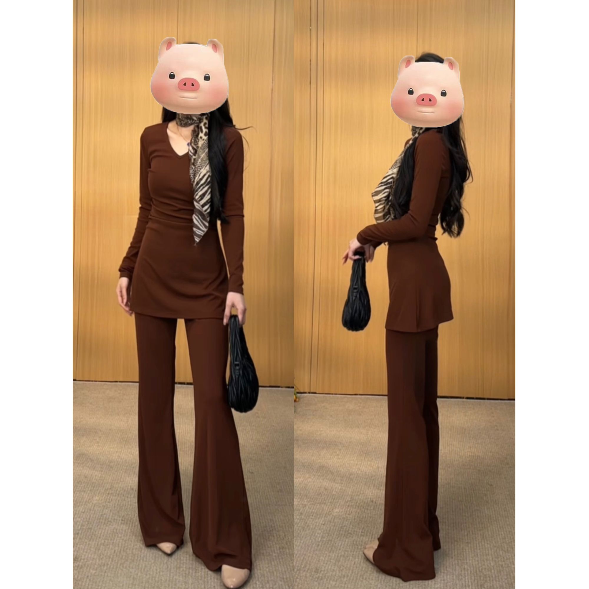 简约纯色修身显瘦长袖上衣早秋新款百搭微喇叭裤辣妹套装3375#