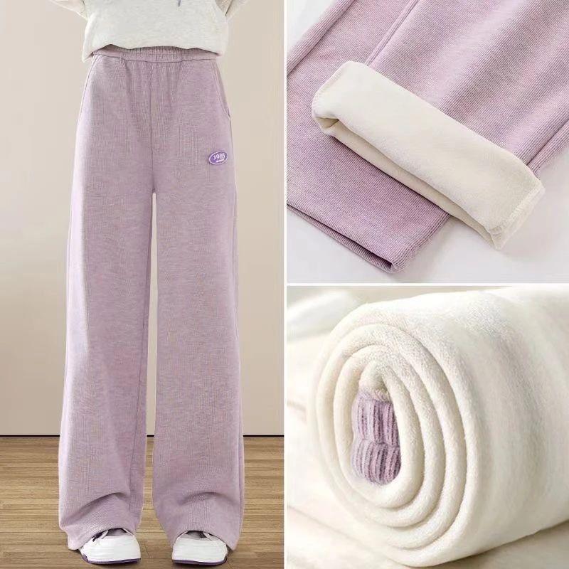 女童加绒阔腿裤儿童2024新款洋气女孩休闲保暖裤子直筒中大童冬装