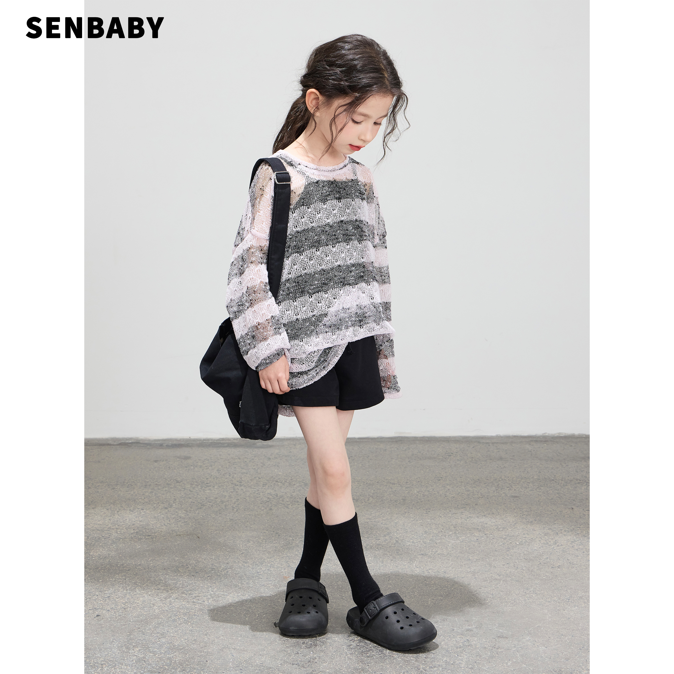 【现货】senbaby女童套头衫初秋新款针织打底衫韩版紫条仿针织衫