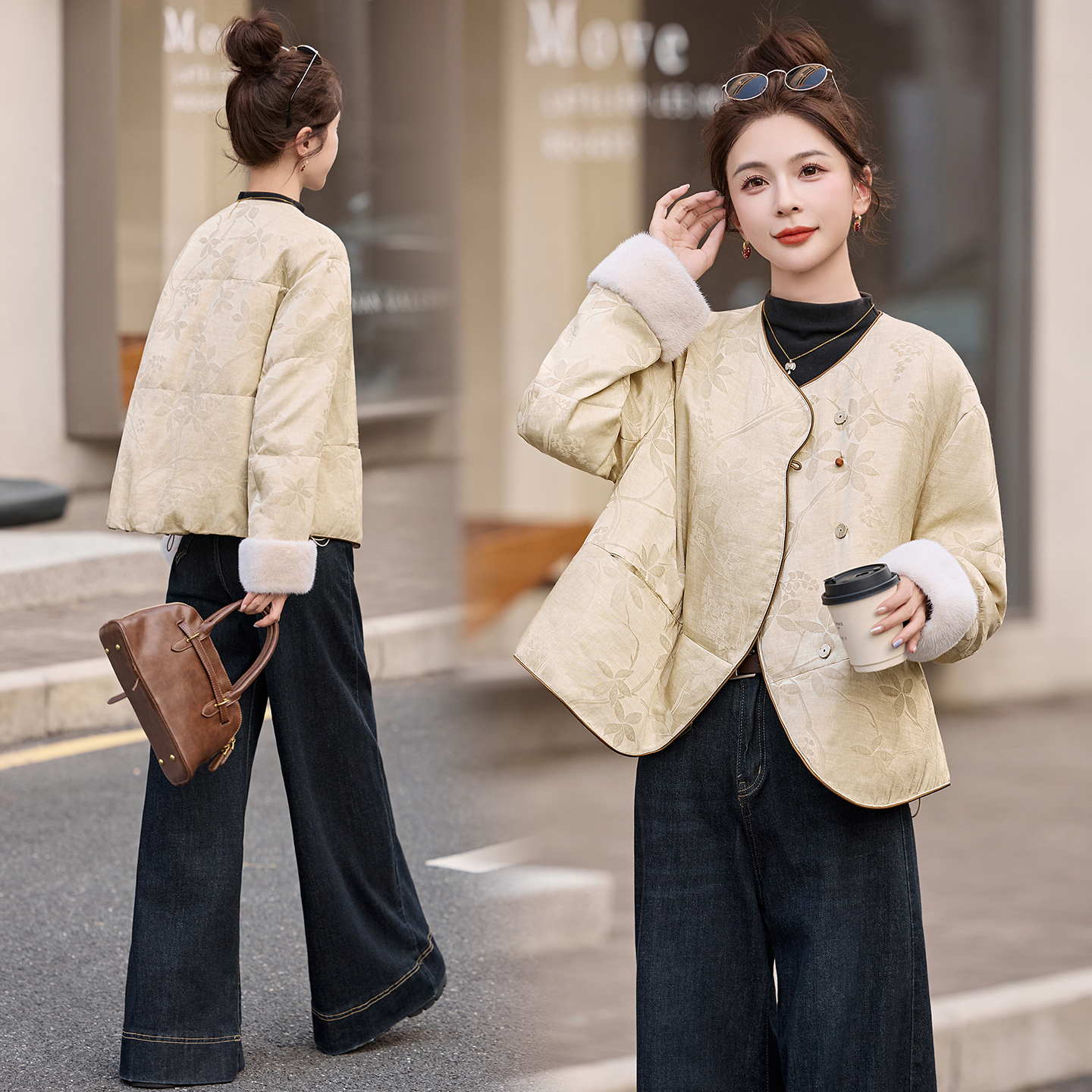 羽绒服女款爆款2025新款正品提花短外套新中式白鸭绒上衣正品潮牌