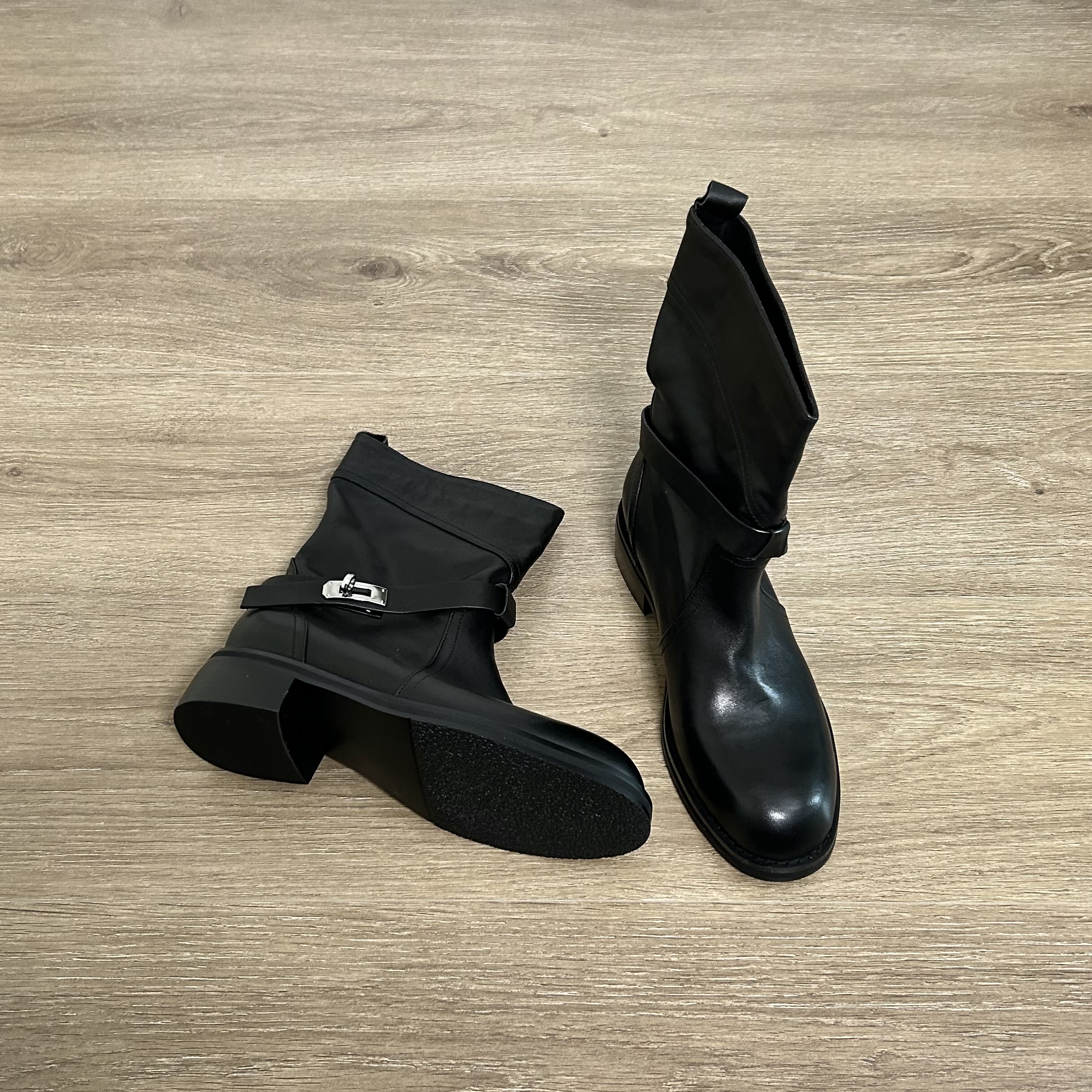 Dannyfrey复古风西部头层牛皮粗跟中筒女金属扣皮带扣百搭短靴4CM