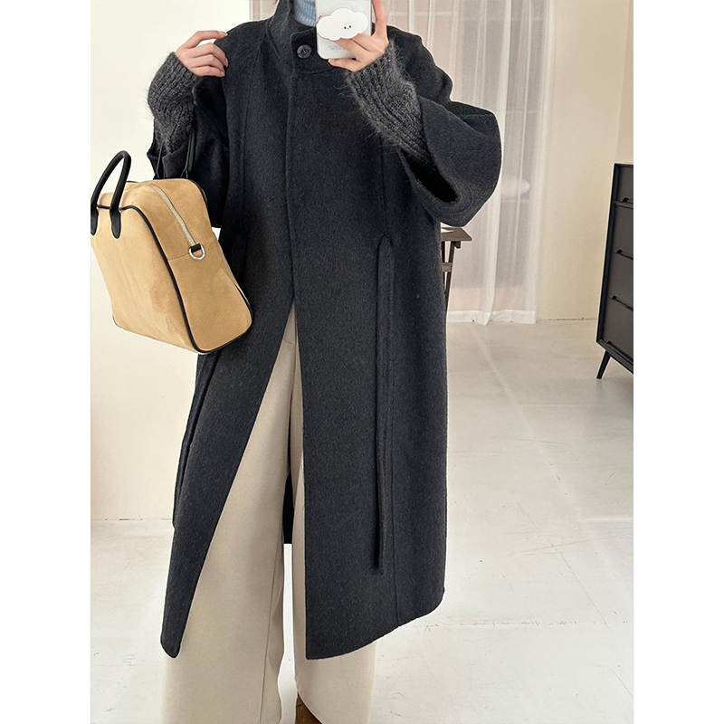 2025秋冬季新款双面呢羊毛大衣立领毛呢外套中长款浅色腰带85080