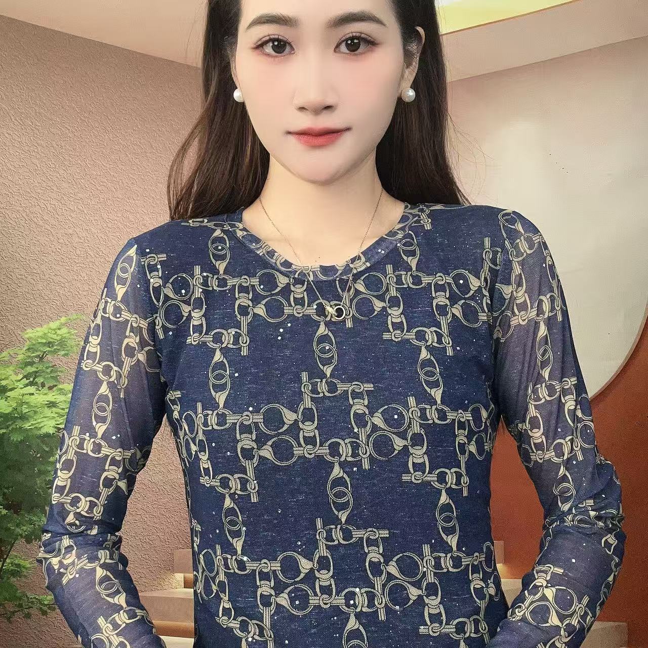 2025秋冬新款长袖圆领肌肤纱时尚显瘦印花T恤上衣A548