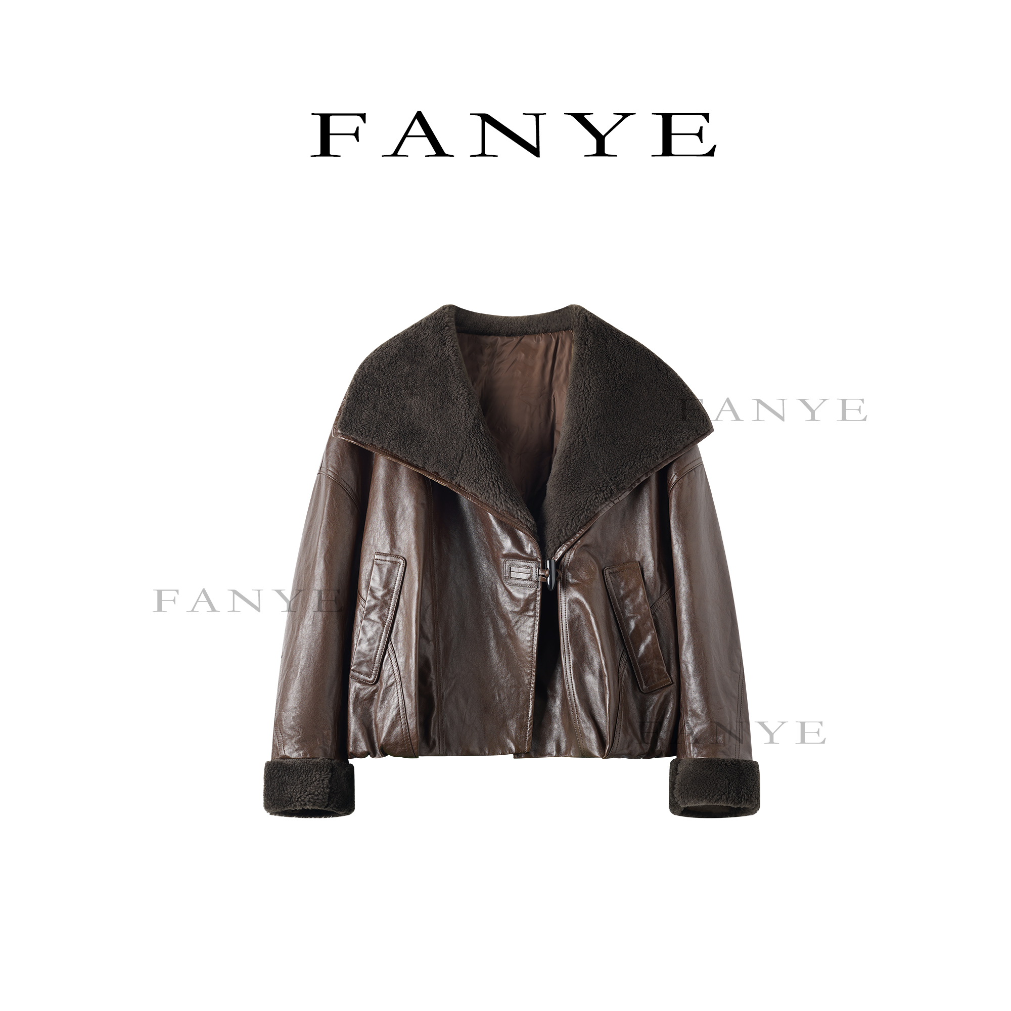 FANYE 2025冬季新款设计感油蜡绵羊皮大翻领羽绒服LM2558