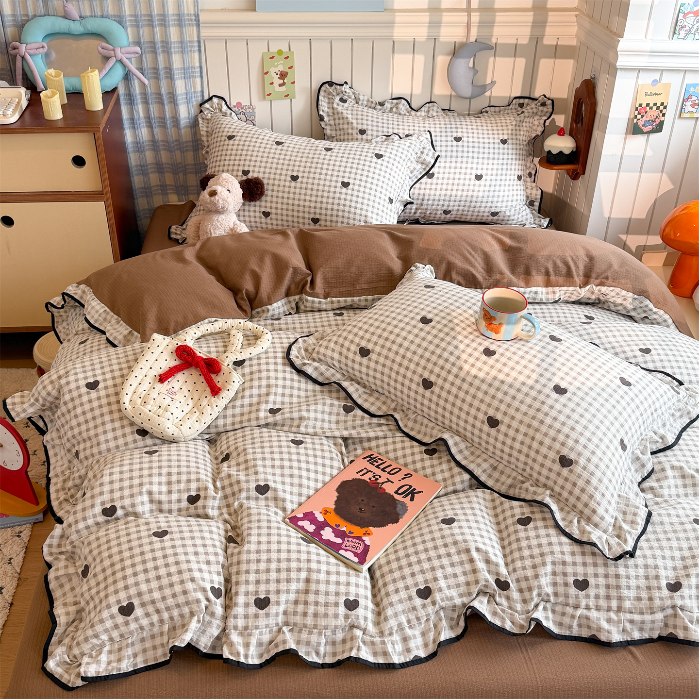 新款A类母婴级皱皱双层纱黑色花边四季款床上四件套学生宿舍被套