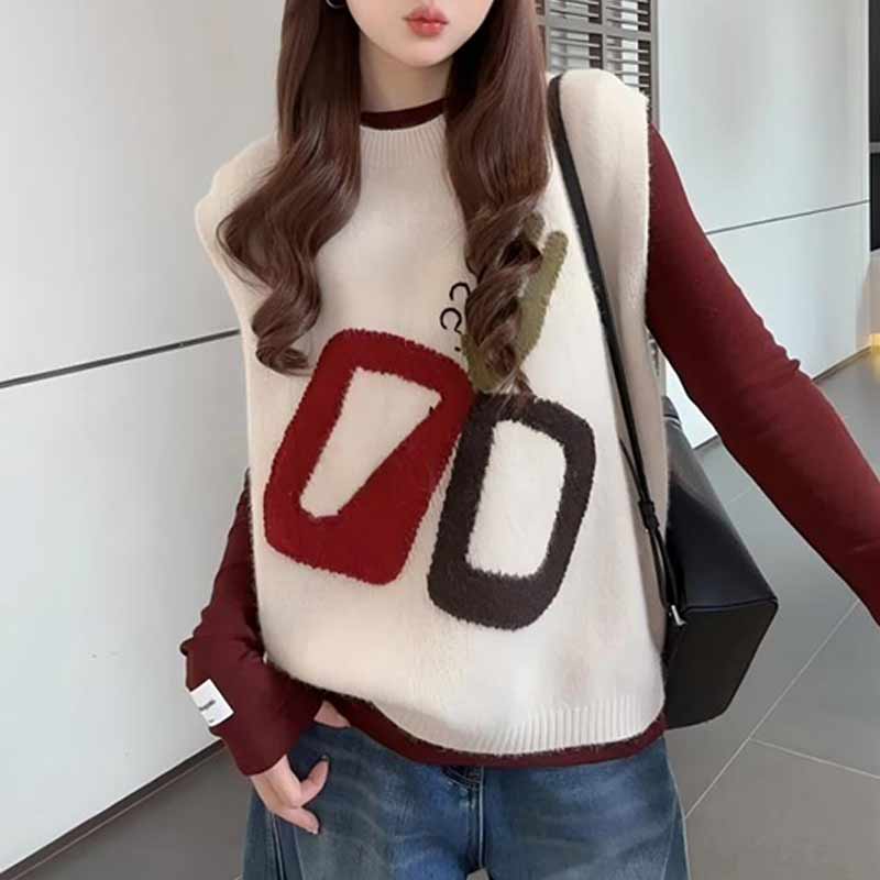 香朵儿【时尚搭配】新款休闲通勤宽松创意感剪刀图案毛衣马甲背心