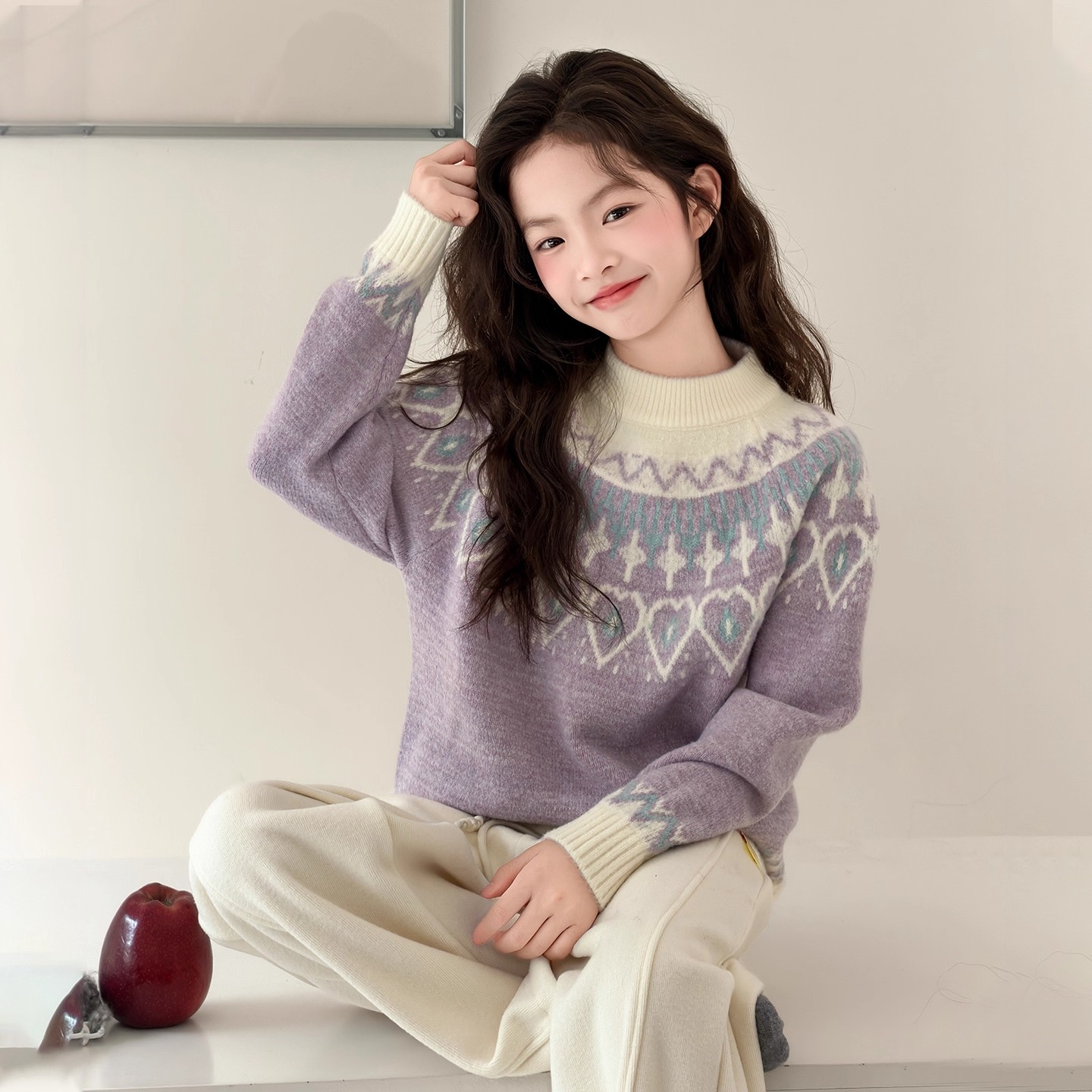 女童费尔岛毛衣2025新款儿童加厚半高领针织衫女孩大童紫色毛线衣