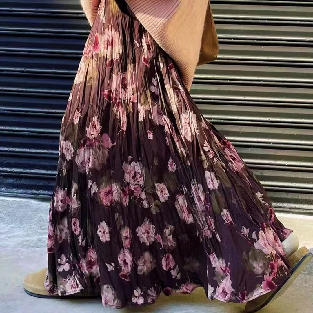 秋季茶色碎花复古显瘦半身裙高腰长款百褶时尚百搭五节大摆A字裙