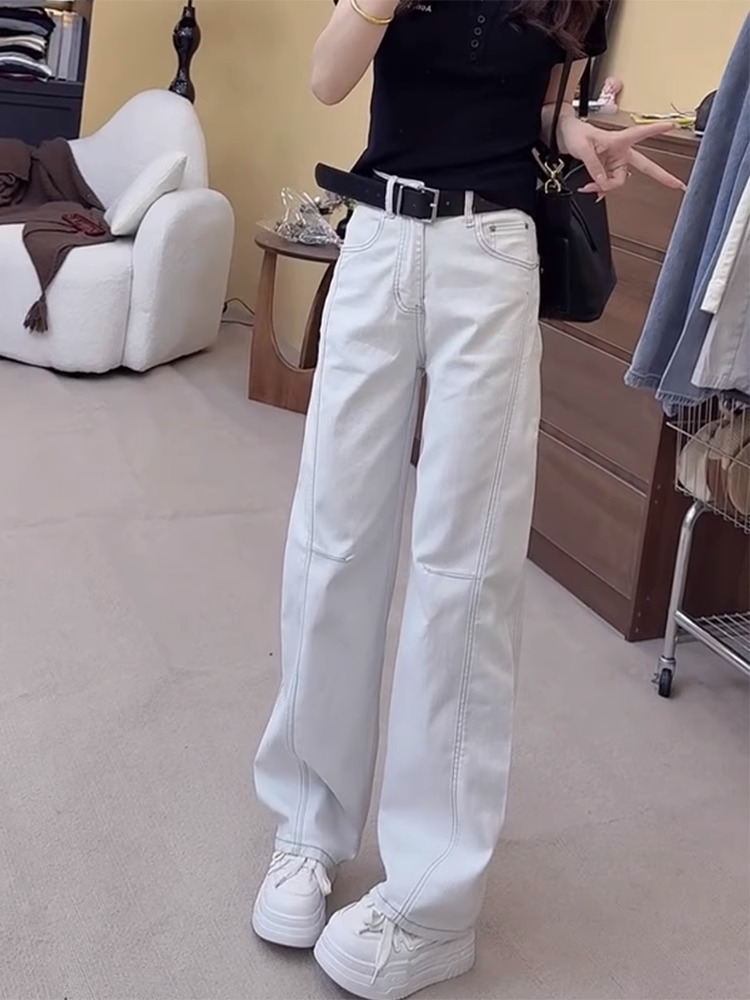 2025春夏新款牛仔裤女大码薄款显瘦窄版直筒拖地裤遮肉减龄阔腿裤