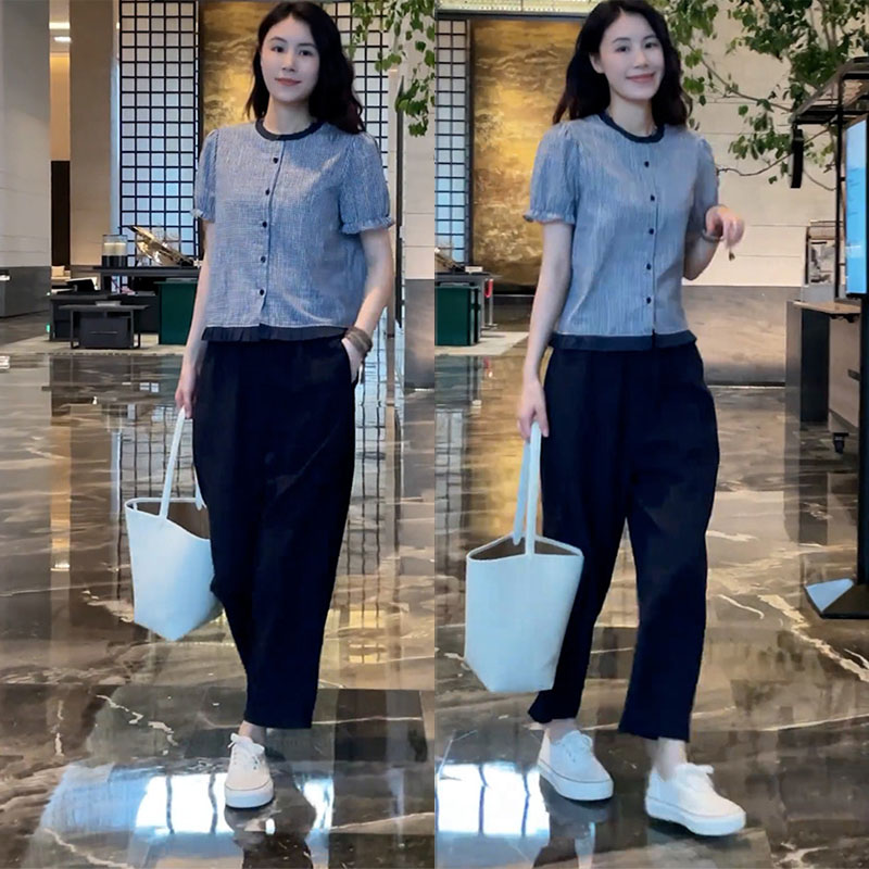 夏装搭配一整套港风复古格子下摆花边衬衫短袖上衣休闲阔腿裤套装