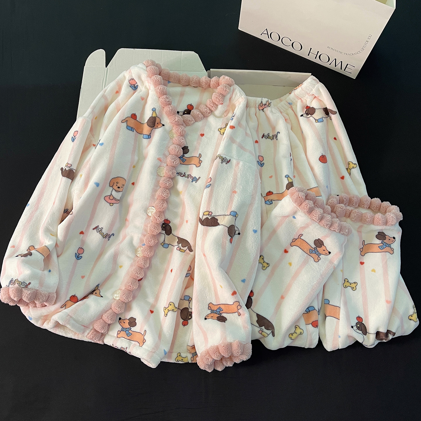 睡衣女冬季加绒加厚法兰绒粉色条纹小狗保暖开衫珊瑚绒家居服套装