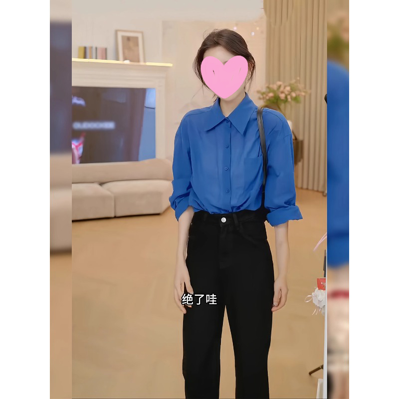 韩版小个子时髦慵懒风显瘦高级感蓝色衬衫女夏季克莱因蓝显白上衣