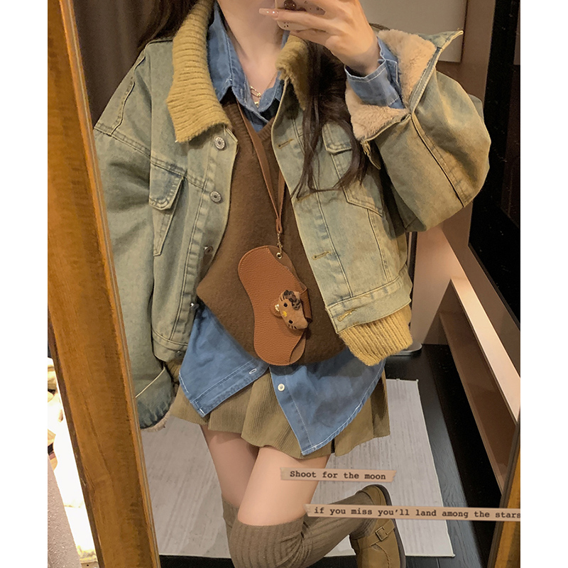 美式复古慵懒风撞色翻领牛仔外套女秋冬加绒新款小众休闲风上衣潮