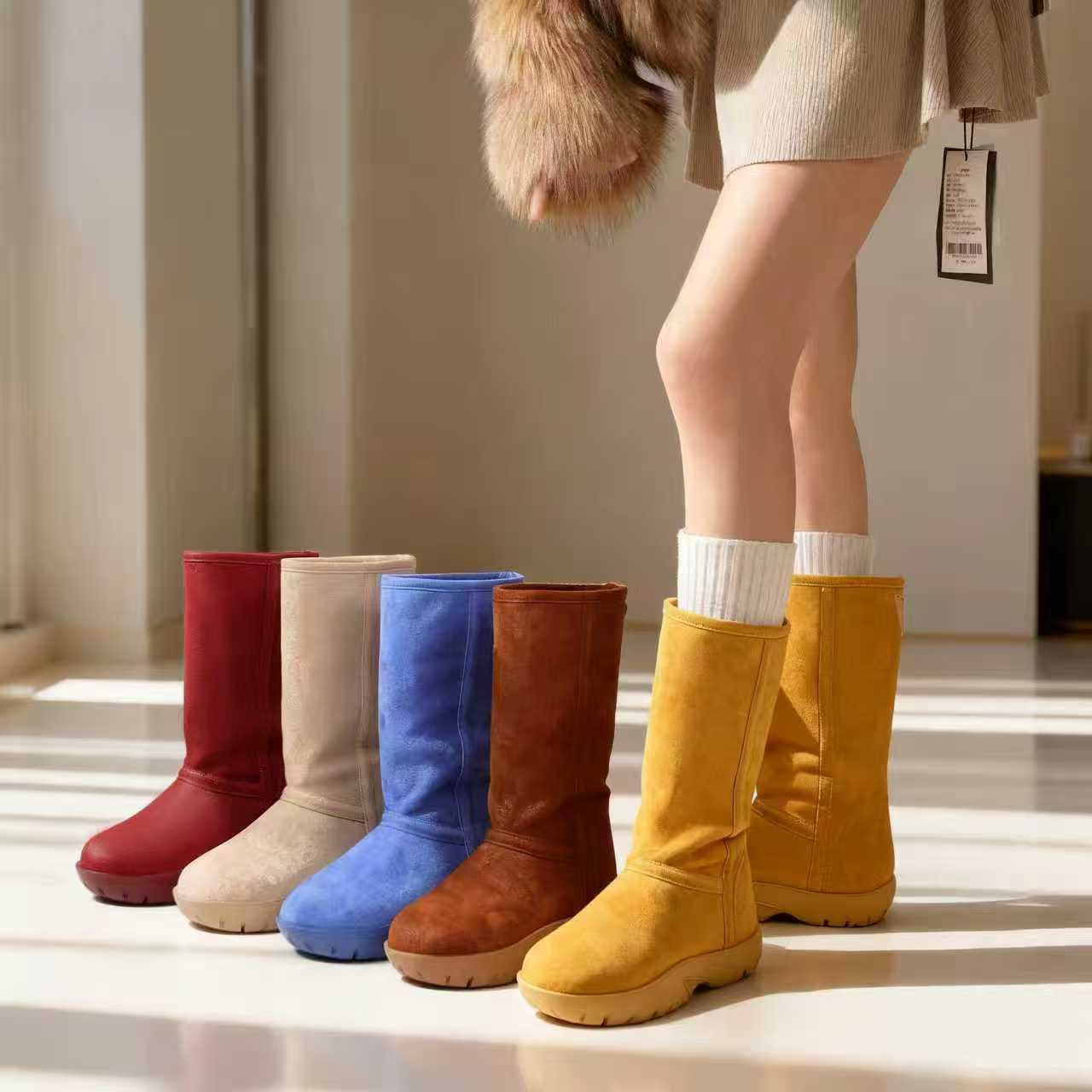 2025冬款保暖时尚洋气柔软雪地靴圆头女冬季多巴胺色系丑萌中筒靴