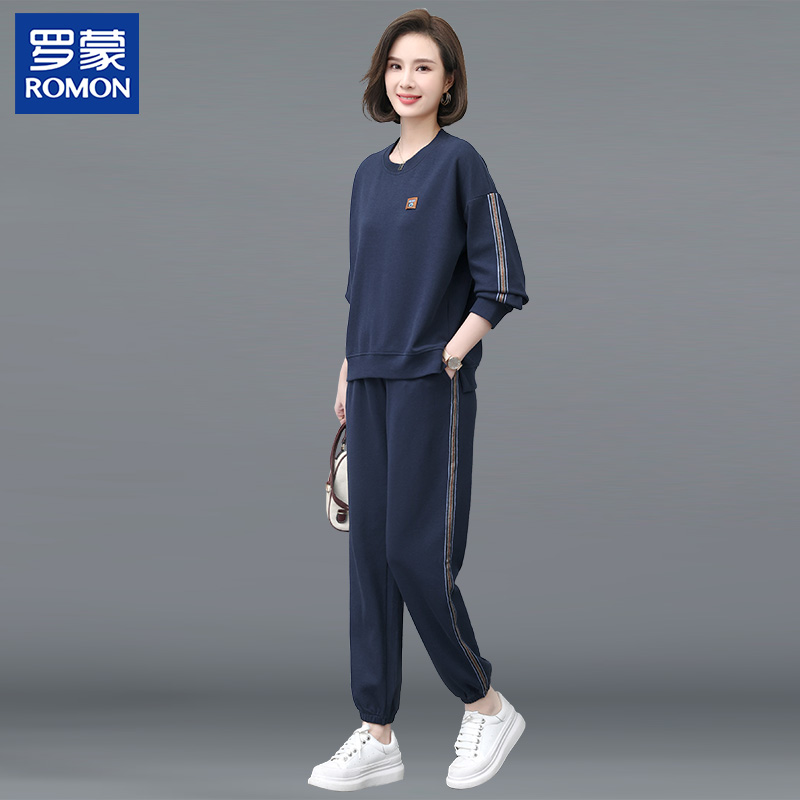 罗蒙妈妈秋装休闲纯色套装50岁新款休闲棉上衣中老年女运动两件套