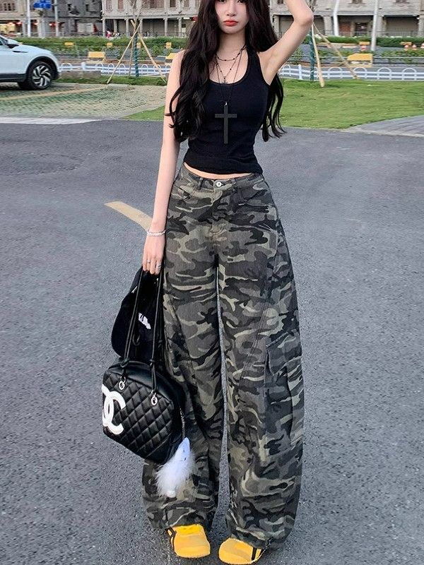 嘻哈风迷彩工装弯刀牛仔裤女春秋季新款高腰宽松显瘦美式休闲裤子