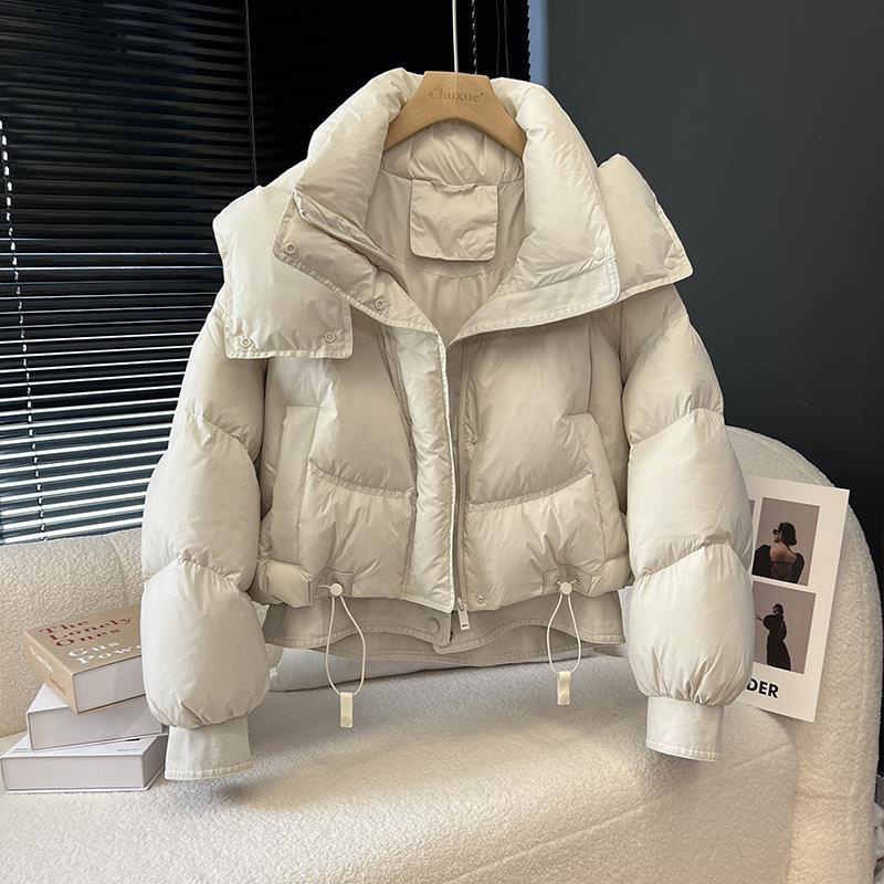 2025冬季新款加厚棉服女短款夹棉连帽牛仔拼接韩版宽松面包服外套