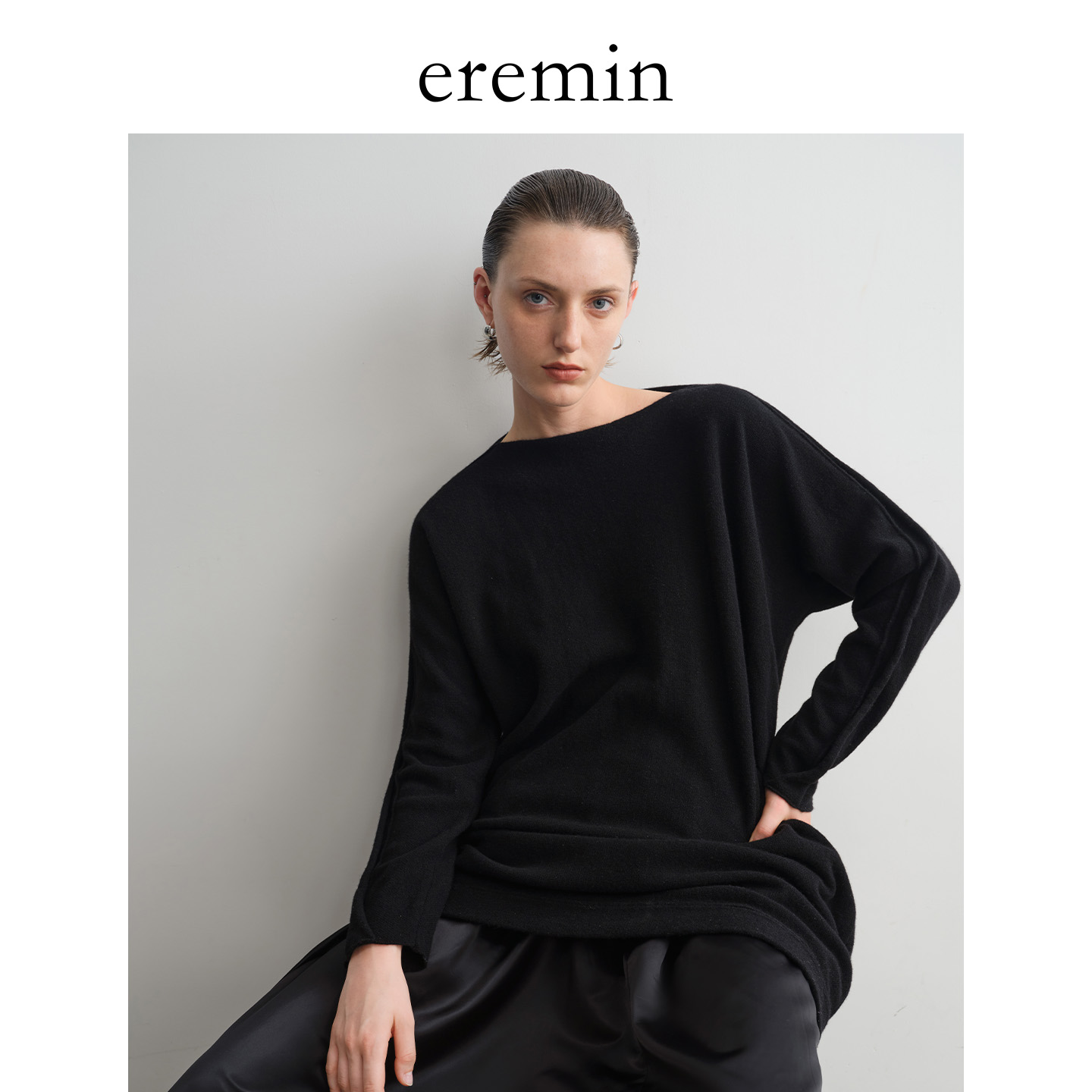 DE Mincollection拼缝毛衣裙/一字领卷边袖显瘦全羊毛毛衣55893