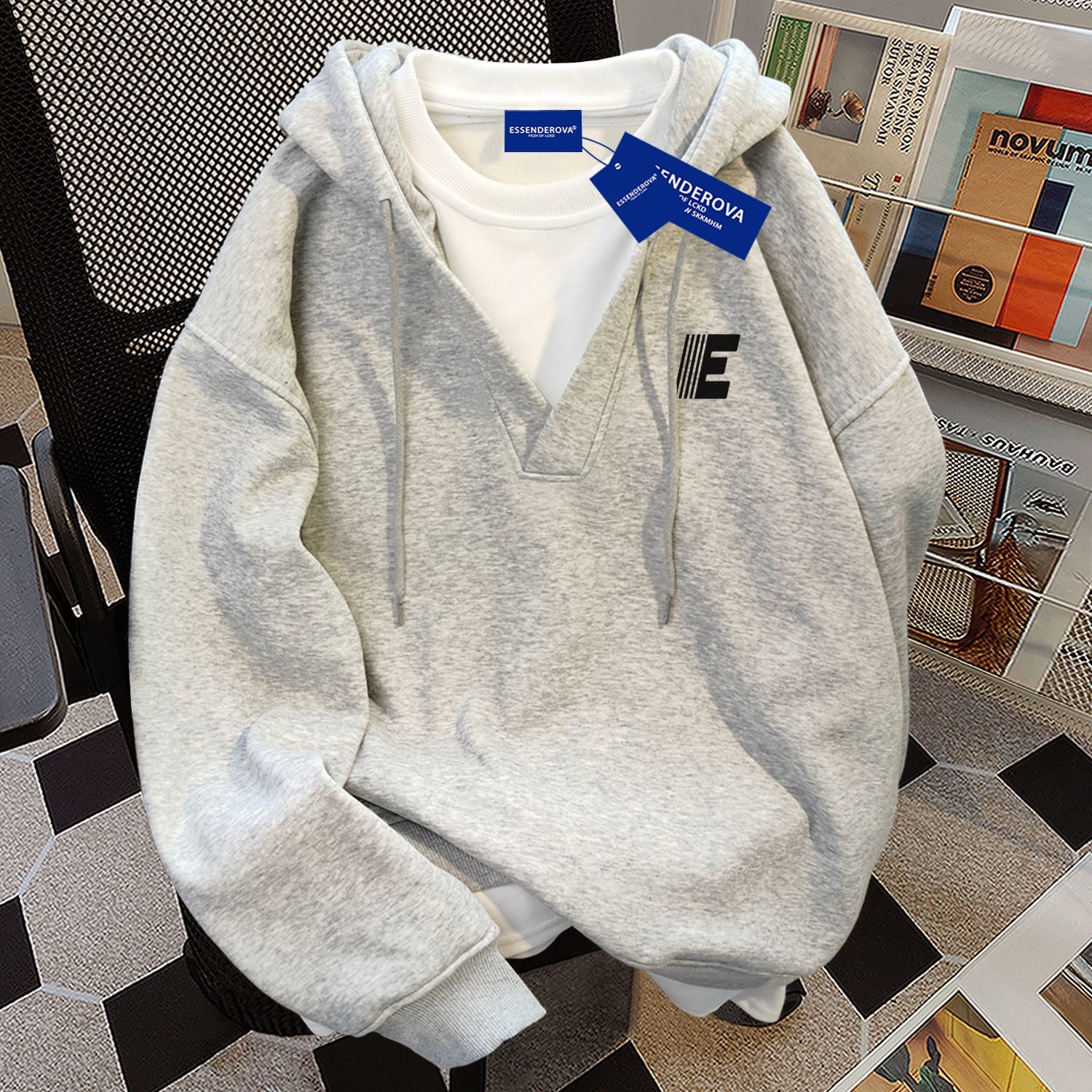 爆款美式欧美设计感假两件连帽卫衣女秋冬季宽松显瘦加绒休闲外套