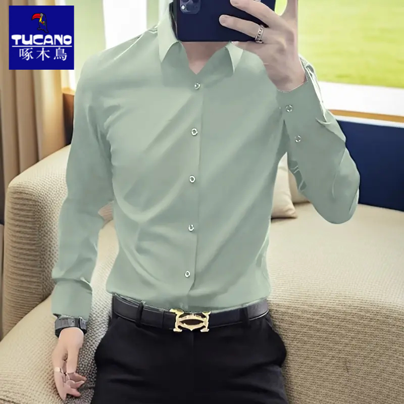 啄木鸟竹纤维免烫抗皱春秋弹力纯色长袖衬衫男士商务休闲衬衣薄款