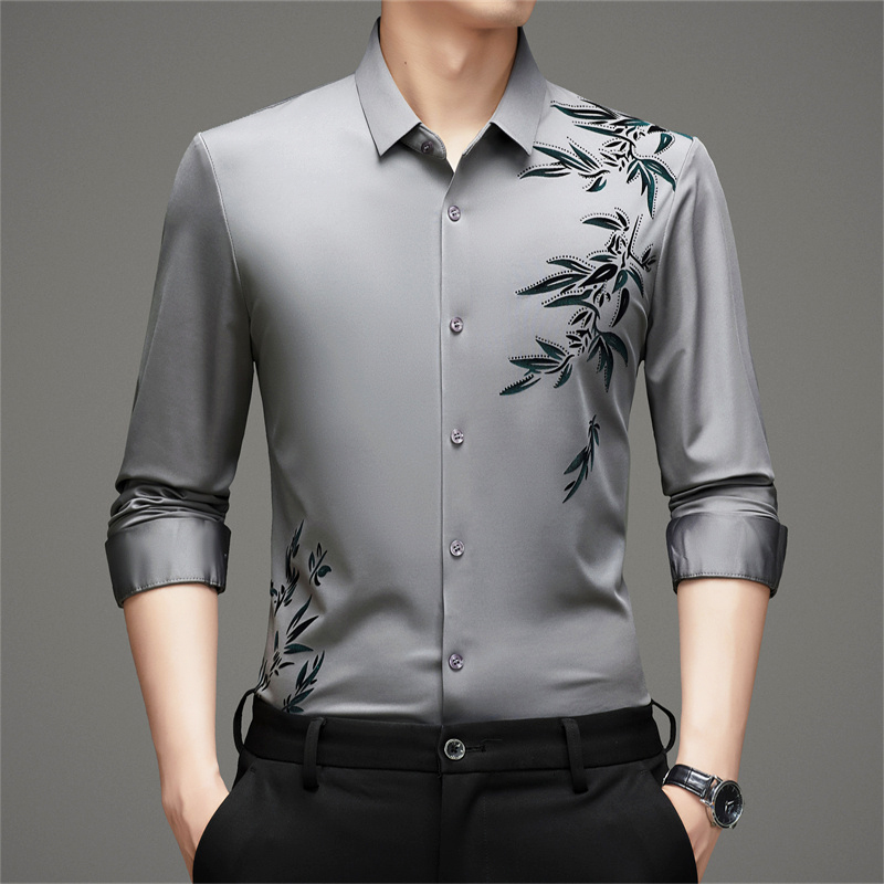 卡尔皮诺9532秋季新款无痕免烫男士轻奢时尚植绒印花休闲长袖衬衫